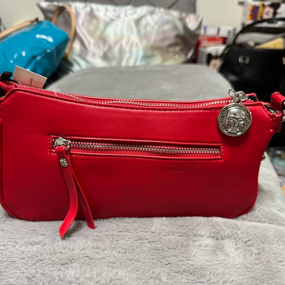 Ed Hardy Bright Red Studded Shoulder Bag/Cross Body with Chain Accent - Picture 2 of 3